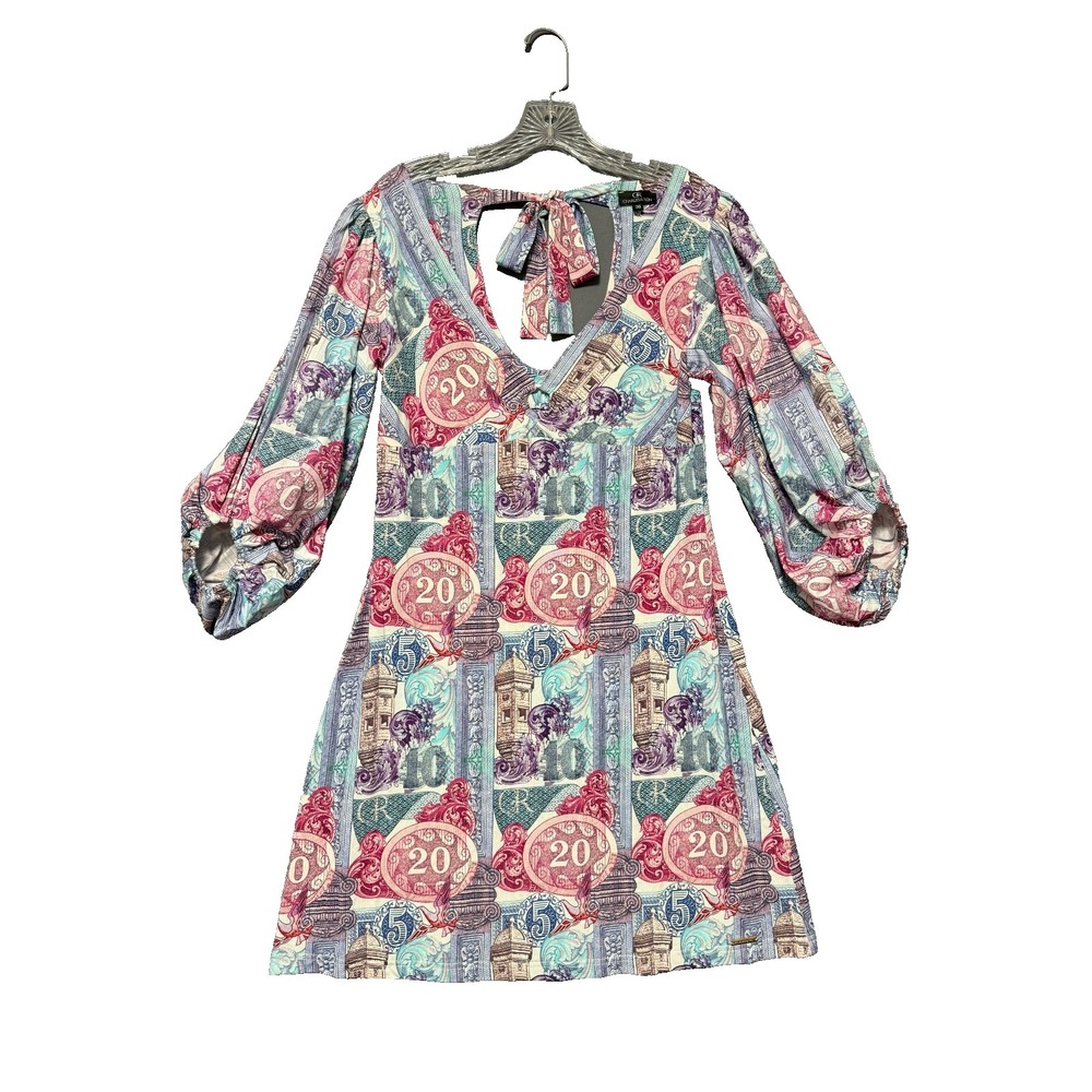 Charles & Ron Money Print Dress Size 38 Retro Boho Maximalist Boho Chic Pop Art